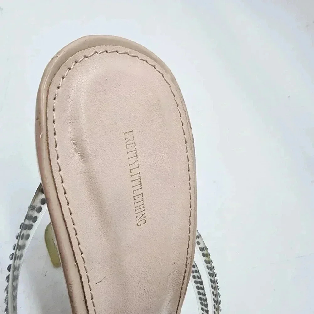 PrettyLittleThing Women's Nude Beige Clear Heel Mule Sandals Rhinestones Sz 6 - Picture 3 of 9